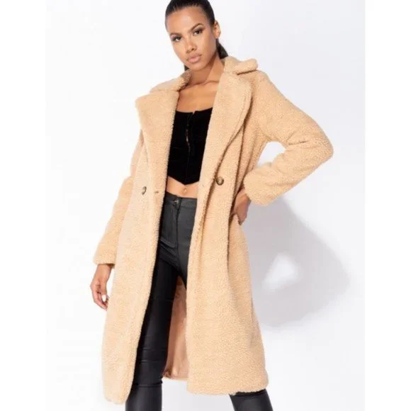 Camel Long Sleeve Loose Fit Double Breasted Long Maxi Teddy Bear Fur Coat - Picture 12 of 12